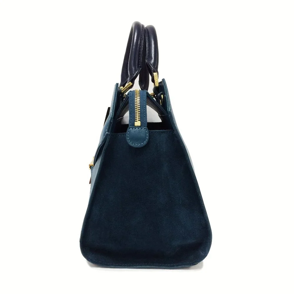 Tory Burch Penelope Satchel Teal Leather Suede Navy Handles Crossbody Strap